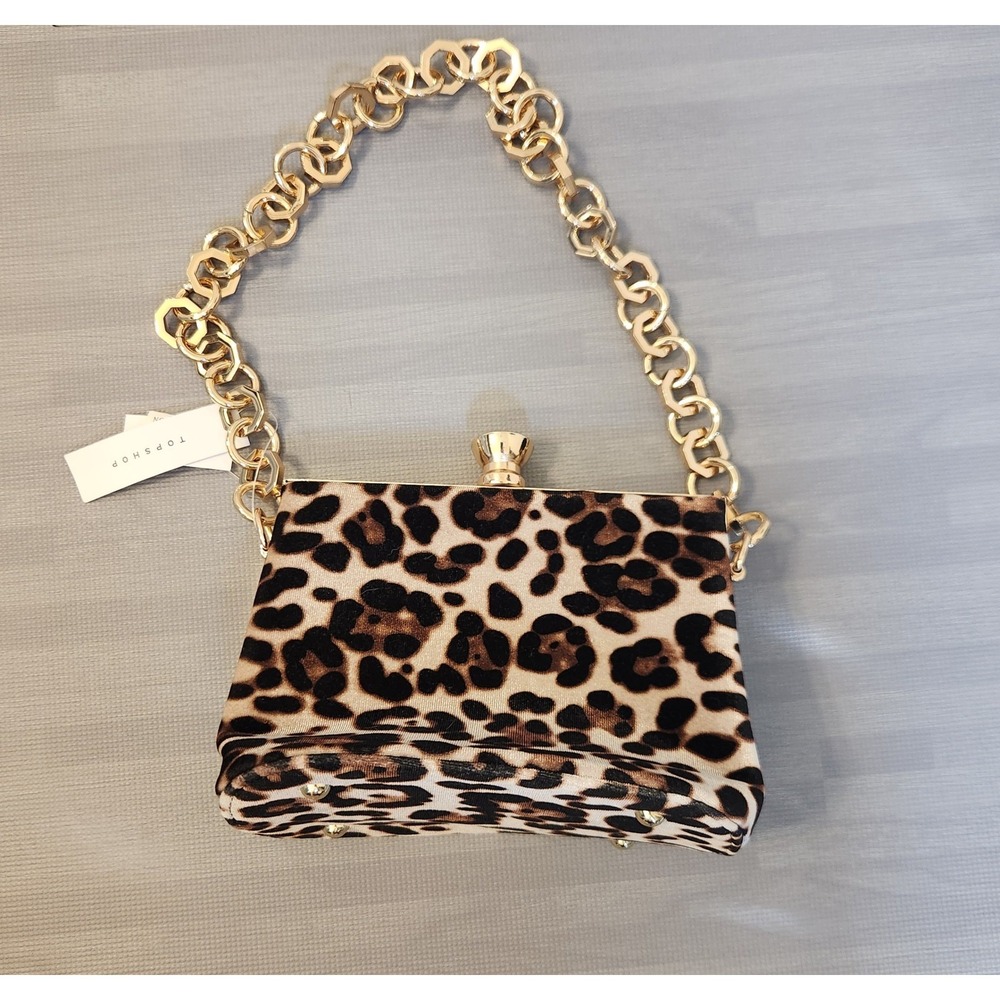 Topshop Leopard Print Velvet Clutch Bag Gold Chain Handle Evening Purse NWT